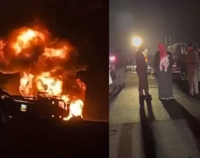 Burnt bus after deadly blast on Madina highway in Saudi Arabia